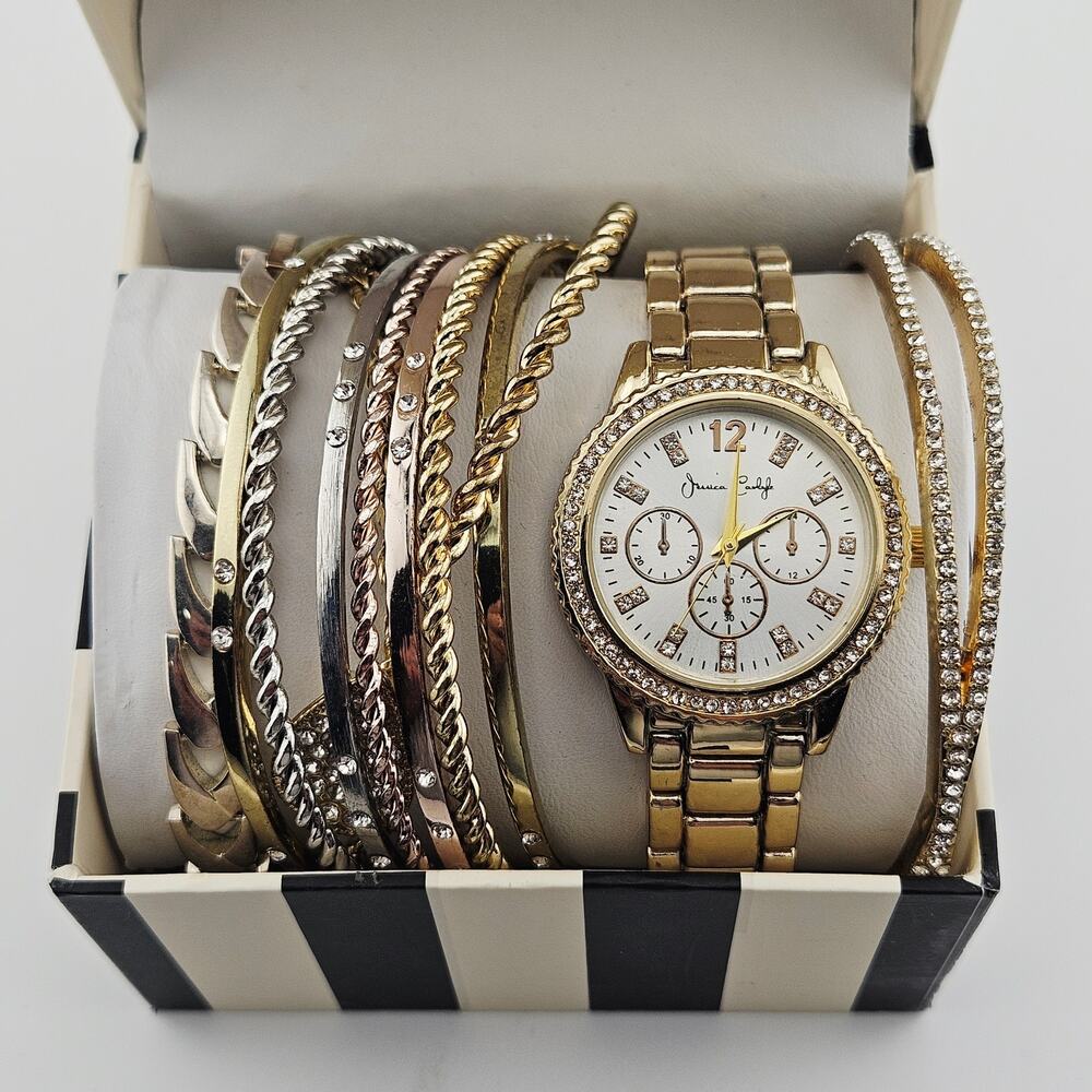 Jessica Carlyle Gold Tone Crystal Glitz Watch & Stackable Bracelet Set Sparkle
